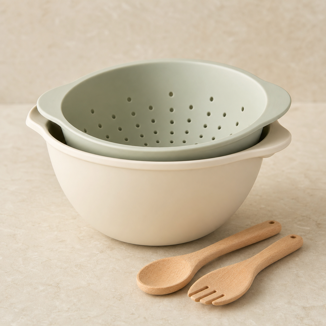 Sage colander and ivory mixing bowl set