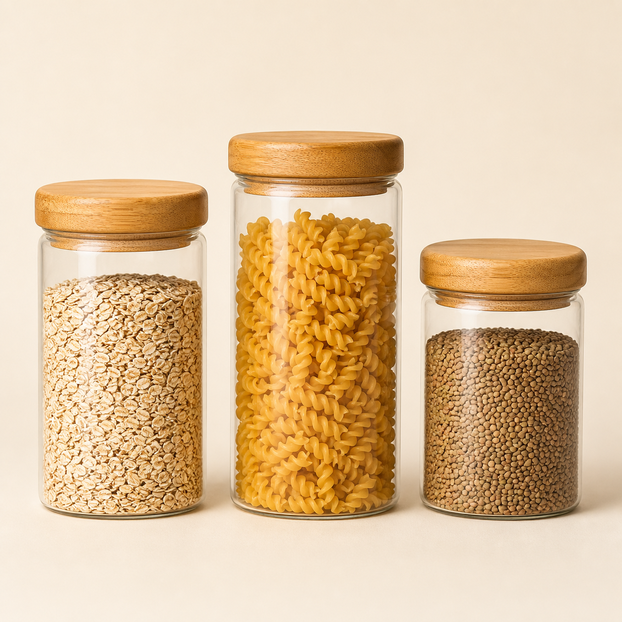 Set of three glass pantry jars with bamboo lids